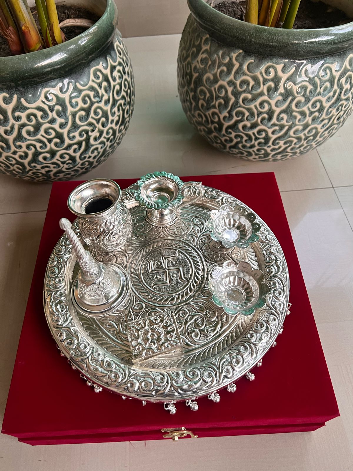 German Silver ghunghroo Pooja thali Set in Gift Box.